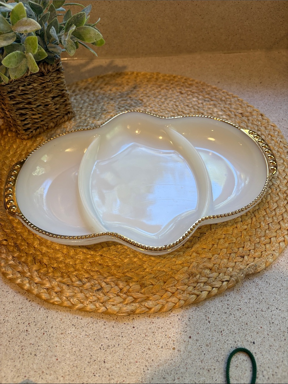 Vintage Fire King Milk Glass Gold Trim Divided Serving Dish